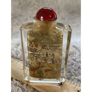 VTG Chinese Reverse Painted Plantation Farm Tobacco Glass Snuff Bottle W Top